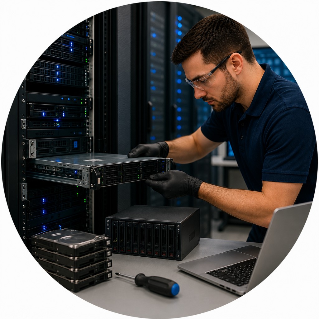 Technician maintaining server rack equipment